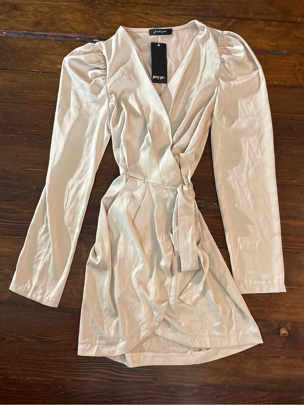 NWT Nasty Gal tie the hell not cream satin wrap champagne dress size M/L